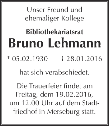 Traueranzeige von Bruno Lehmann von WVG - Wochenspiegel Merseburg