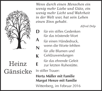 Traueranzeige von Heinz Gänsicke von WVG - Wochenspiegel Wittenberg