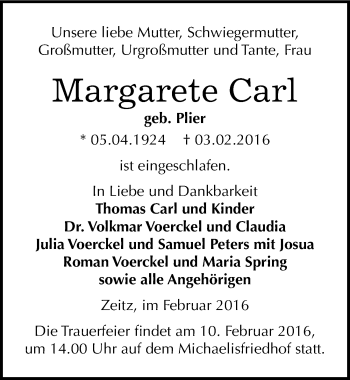 Traueranzeige von Margarete Carl von Mitteldeutsche Zeitung Zeitz