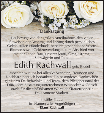 Traueranzeige von Edith Rachwall von Mitteldeutsche Zeitung Bernburg