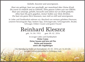 Traueranzeige von Reinhard Kleszcz von WVG - Wochenspiegel Merseburg