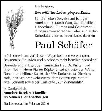 Traueranzeige von Paul Schäfer von Mitteldeutsche Zeitung Naumburg/Nebra