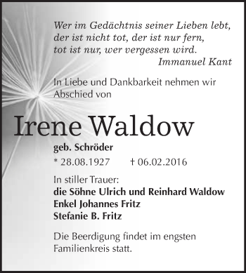 Traueranzeige von Irene Waldow von WVG - Wochenspiegel Wittenberg