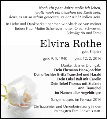 Traueranzeige von Elvira Rothe von Super Sonntag SGH Mansf. Land