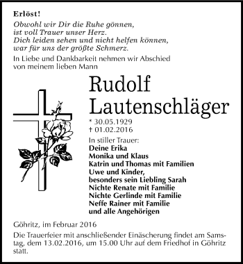 Traueranzeige von Rudolf Lautenschläger von Mitteldeutsche Zeitung Merseburg/Querfurt