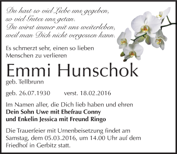 Traueranzeige von Emmi Hunschok von Mitteldeutsche Zeitung Bernburg