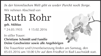 Traueranzeige von Ruth Rohr von WVG - Wochenspiegel Merseburg