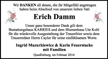 Traueranzeige von Erich Damm von WVG - Wochenspiegel Quedlinburg