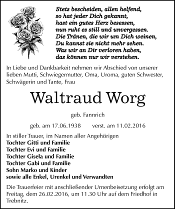 Traueranzeige von Waltraud Worg von Mitteldeutsche Zeitung Bernburg