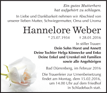 Traueranzeige von Hannelore Weber von Mitteldeutsche Zeitung Merseburg/Querfurt
