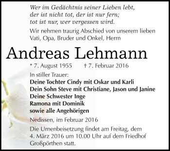 Traueranzeige von Andreas Lehmann von Super Sonntag Zeitz
