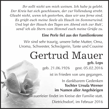 Traueranzeige von Gertrud Mauer von WVG - Wochenspiegel Wittenberg