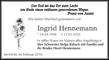 Traueranzeige von Ingrid Hennemann von Wochenspiegel Mansfelder Land