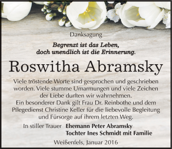 Traueranzeige von Roswitha Abramsky von Mitteldeutsche Zeitung Weißenfels