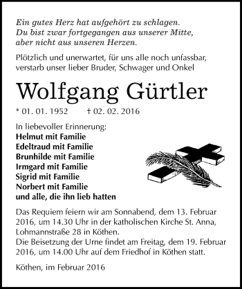 Traueranzeige von Wolfgang Gürtler von Mitteldeutsche Zeitung Köthen