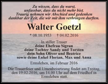 Traueranzeige von Walter Goetzl von Super Sonntag Aschersleben