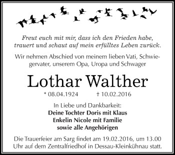 Traueranzeige von Lothar Walther von WVG - Wochenspiegel Dessau / Köthen