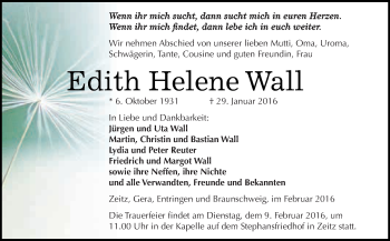 Traueranzeige von Edith Helene Wall von Super Sonntag Zeitz