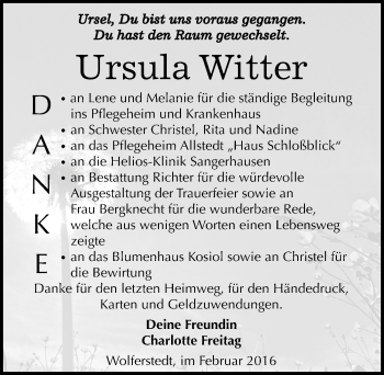 Traueranzeige von Ursula Witter von Mitteldeutsche Zeitung Sangerhausen