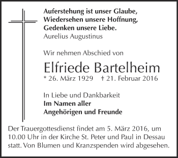 Traueranzeige von Elfriede Bartelheim von WVG - Wochenspiegel Dessau / Köthen