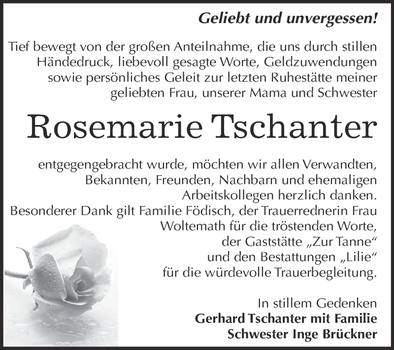  Traueranzeige für Rosemarie Tschanter vom 13.02.2016 aus WVG - Wochenspiegel Dessau / Köthen