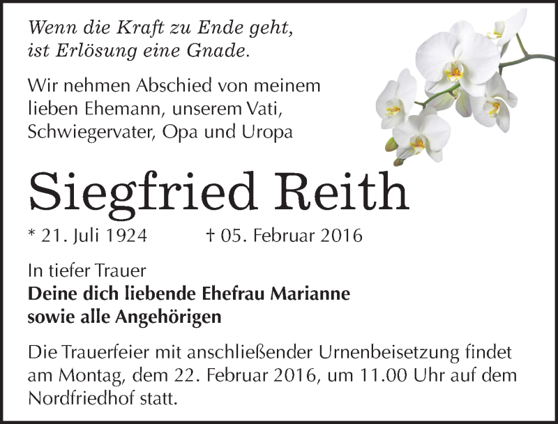  Traueranzeige für Siegfried Reith vom 13.02.2016 aus Mitteldeutsche Zeitung Halle/Saalkreis