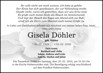 Traueranzeige von Gisela Döhler von Mitteldeutsche Zeitung