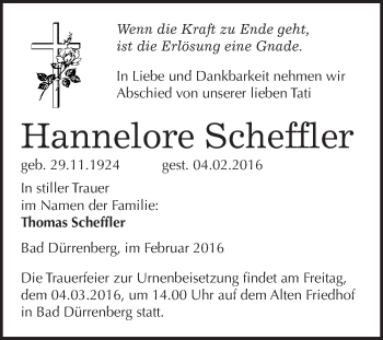 Traueranzeige von Hannelore Scheffler von WVG - Wochenspiegel Merseburg