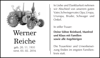 Traueranzeige von Werner Reiche von WVG - Wochenspiegel Dessau / Köthen