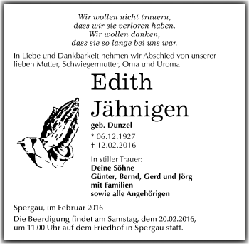 Traueranzeige von Edith Jähnigen von Mitteldeutsche Zeitung Merseburg/Querfurt