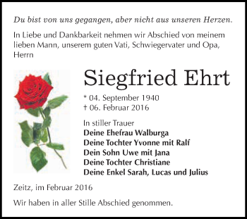 Traueranzeige von Siegfried Ehrt von Super Sonntag Zeitz