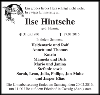 Traueranzeige von Ilse Hintsche von WVG - Wochenspiegel Dessau / Köthen