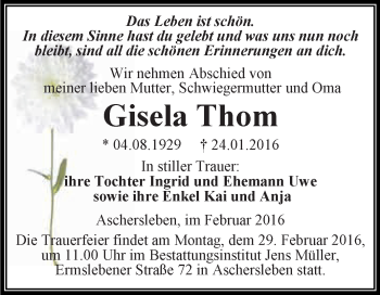 Traueranzeige von Gisela Thom von Super Sonntag Aschersleben