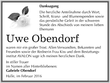 Traueranzeige von Uwe Obendorf von Mitteldeutsche Zeitung Halle/Saalkreis
