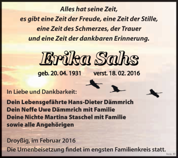 Traueranzeige von Erika Sahs von Super Sonntag Zeitz
