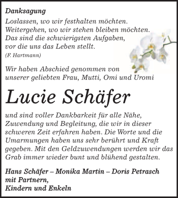 Traueranzeige von Lucie Schäfer von WVG - Wochenspiegel Quedlinburg