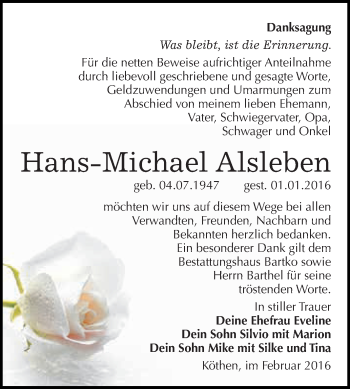 Traueranzeige von Hans-Michael Alsleben von WVG - Wochenspiegel Dessau / Köthen