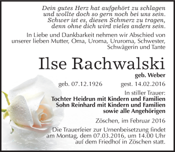 Traueranzeige von Ilse Rachwalski von Mitteldeutsche Zeitung Merseburg/Querfurt