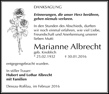 Traueranzeige von Marianne Albrecht von Mitteldeutsche Zeitung Dessau-Roßlau