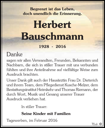 Traueranzeige von Herbert Bauschmann von WVG - Wochenspiegel NMB / WSF / ZTZ