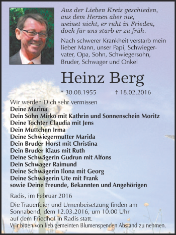 Traueranzeige von Heinz Berg von WVG - Wochenspiegel Wittenberg