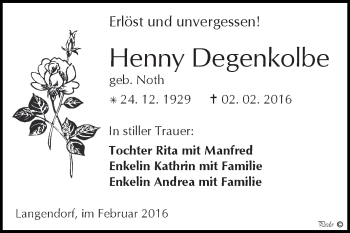 Traueranzeige von Henny Degenkolbe von WVG - Wochenspiegel NMB / WSF / ZTZ