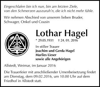 Traueranzeige von Lothar Hagel von Mitteldeutsche Zeitung Sangerhausen
