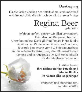 Traueranzeige von Regina Beer von WVG - Wochenspiegel NMB / WSF / ZTZ