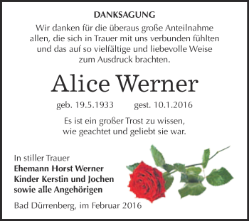 Traueranzeige von Alice Werner von WVG - Wochenspiegel Merseburg