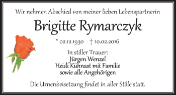 Traueranzeige von Brigitte Rymarczyk von Mitteldeutsche Zeitung Aschersleben