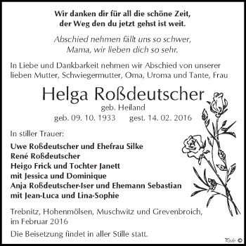 Traueranzeige von Helga Roßdeutscher von WVG - Wochenspiegel NMB / WSF / ZTZ