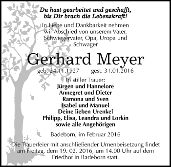 Traueranzeige von Gerhard Meyer von Mitteldeutsche Zeitung Quedlinburg
