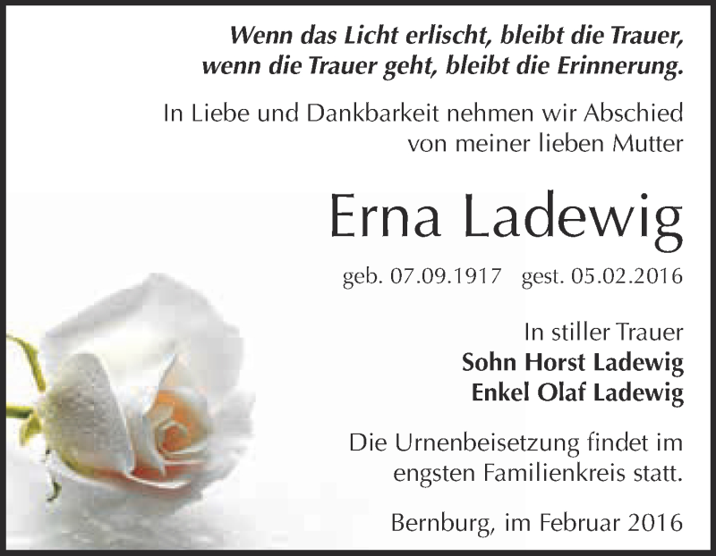  Traueranzeige für Erna Ladewig vom 13.02.2016 aus Super Sonntag Bernburg