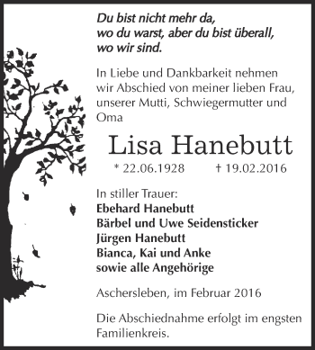 Traueranzeige von Lisa Hanebutt von Super Sonntag Aschersleben